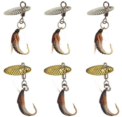 VOCUE Set di 6 esche rotanti in metallo duro con cucchiaio per pesci, esche colorate con lustrini, ami a gancio singolo