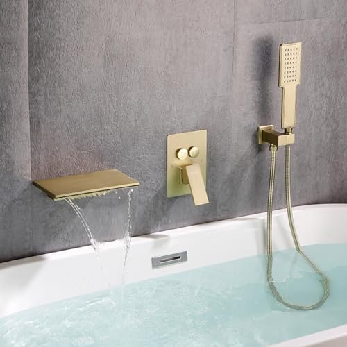 Robinet Douche Or Brossé Mitigeur Baignoire Cascade Encastrable Robinet Baignoire avec Douchette Robinets de Douche et de Baignoire-Petit