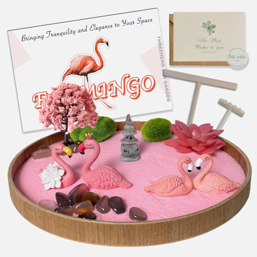 Threeheng Flamingo Zen Garden Kit - Pink Japanese Sand Tray Therapy Kit for Desk and Office, Cute Japanese Flamingo Décor Gift for Women, Mini Zen Garden for Relaxation and Stress Relief