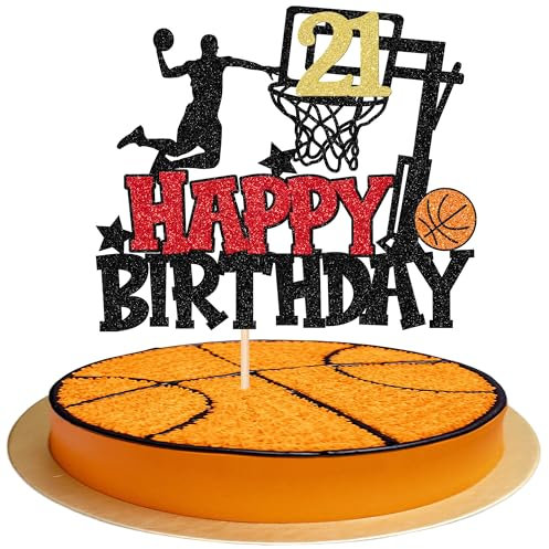 Xsstarmi 1 Pack Basketball Theme Happy 21st Birthday Cake Topper Star Glitter Basketball Sports Cake Pick Cheers to 21 Years Cake Decorations for Boys Girls Happy 21st Birthday Party Supplies