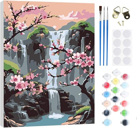 RICUVED Cascades Peinture par Numéros Kit 20x30cm pour Débutants avec Cadre en Bois –Paysage Peinture Par Numéros Pour Adulte Enfants Kit DIY Pinceaux, Peintures Décoration Murale