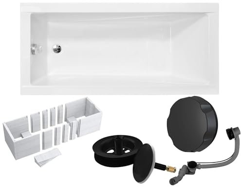 VBChome Acrylbadewanne 140 x 70 cm Weiß mit Styroporträger und Schwarz Siphon - Modern, langlebig und wärmeisolierend, perfekt für das Badezimmer