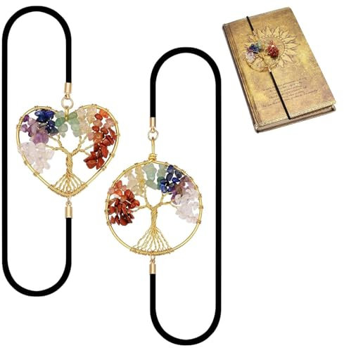 2 Stück Elastische Lesezeichen, Chakra Lesezeichen, Kristall Heilstein Vintage Metall Lesezeichen, Lebensbaums Bookmark für Buchliebhaber, Handgefertigt Buchzubehör, Bookmark Geschenk