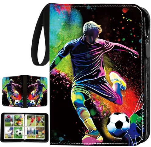 Sammelkarten Album Fussball 4 Fächer, Fussball Karten Sammelalbum mit Reißverschluss Tragegriff, 50 Seiten Karten Mappe Binder für 400 Karten (figuren)