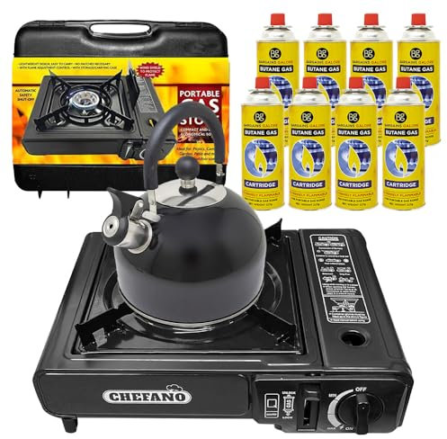 3 in 1 Camping Starter Kit - Includes Gas Stove, 8 Gas Bottles & 2.5L Kettle | Premium Burner, Automatic Ignition & Heat Control | Suitable for Fishing, Camping & Hiking | Lightweight, Essentials