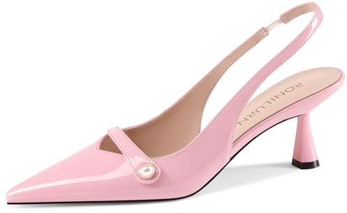 RONILURN Women Kitten Heels Slingback Low Heel Pumps Dress Shoes for Women Closed Pointed Toe Pearl Heels for Work Wedding Bridal, Pink, 5 UK