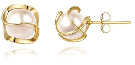EVER FAITH Pearl Stud Earrings for Women, 14K Gold Plated Caged Simulated Pearls Small Studs Hypoallergenic Light Weight Gold Pearl Earring Jewellery Gifts