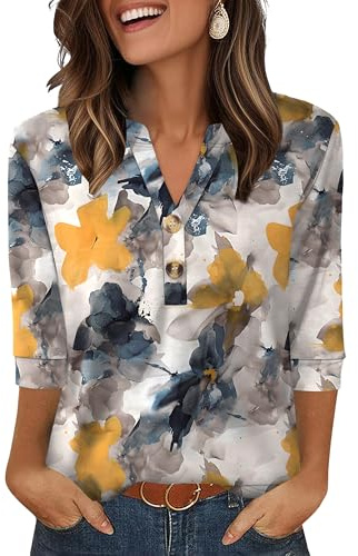 Aokosor Womens 3/4 Sleeve Tops Ladies Blouse V Neck Tunic Long Sleeve T Shirts Curved Hem Office Wear