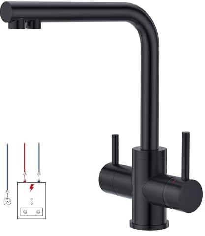 CREA Niederdruck Armatur Küche, 3 Wege Wasserhahn Küche, 360° Drehbar Küchenarmatur, 3 in 1 Mischbatterie für Wasserfilter, Trinkwasserhahn mit 2 Hebel, Drei Wege aus Edelstahl,Mattes Schwarz