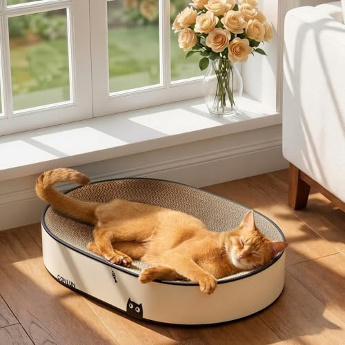 Conlun Ovales Katzen-Kratzbrett aus Pappe, Geschlossener Boden, Große | 2-in-1 Kratzlounge, Stabile Wellpappe, Möbelschutz, Krümelfrei, Gemütliches Schlafnest, Sofort Nutzbar