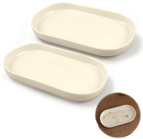 2 STK Deko Tablett Ceramics Badezimmer Tablett Kosmetiktablett | Dekotablett Beige für Schminktische, Badezimmer, Küchen und Esszimmer (Beige)