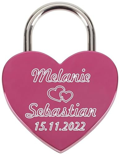 Liebesschloss mit Gravur und Schlüssel - Herzschloss Vorhängeschloss personalisiert mit Wunschtext - Pärchen Geschenke für Frauen - Jahrestag Geschenk für Sie - Partner Geschenke für Ihn (Pink)