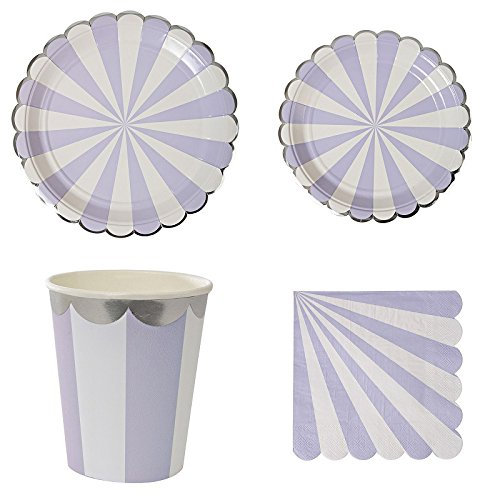KEKEKEDA Disposable Crockery Set Paper Plates Striped Cups Napkins Wedding Party Carnival 44 Pcs/set Purple