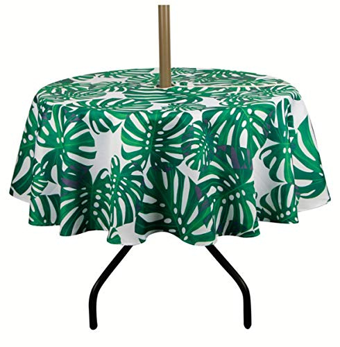 QIQIHOME Runde Tischdecke für den Außenbereich, 152.4 cm, mit Loch für Sonnenschirme, Regenschirme und Reißverschluss, für Hinterhofpartys, Familienfeiern (Blattgrün, rund mit Reißverschluss)