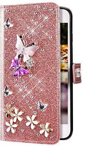 Uposao Kompatibel mit Samsung Galaxy A5 2016 Hülle Leder Schutzhülle Glitzer Bling Strass Diamant Schmetterling Blumen Flip Wallet Leder Tasche Case Handyhülle Lederhülle Klapphülle,Rose Gold