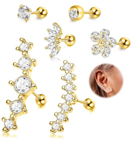 CASSIECAR 6 Stücke 16G Edelstahl Silber Ohrknorpel Ohrringe für Damen Mädchen Tragus Helix Ohrring Niedlich Blume Conch Flache Rückseite Tragus Helix Piercing Schmuck
