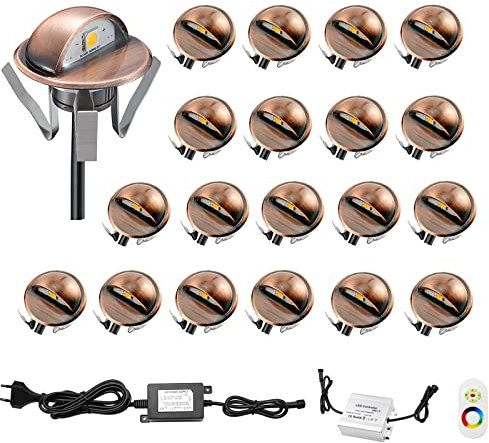 CHNXU Treppenbeleuchtung 20er Set Farbwechse RGB LED Bodeneinbaustrahler Kupfer IP65 Wasserdicht Außen Terrassen Einbaustrahler Ø35mm 0.4W 9LM Bodenlampe für Garten Holzbrücke Pool Holzdeck