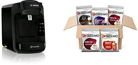 Tassimo by Bosch Suny Special Edition TAS3102GB Coffee Machine, 1300 Watt, 0.8 Litre, Black Variety Box Costa, Kenco, Cadbury and L'OR Coffee Pods (Pack of 5, Total 56 Coffee Capsules)