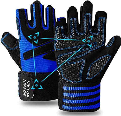 FINGER TEN Fitness Handschuhe Handgelenkschutz Trainingshandschuhe Herren Kraftsport Fitnesshandschuhe Halb Vollfinger Sporthandschuhe, für Gewichtheben Bodybuilding Gym Training (Halbfinger Blau, XL)