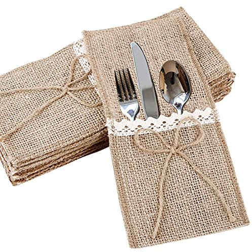 20 Stück Bestecktaschen Jute mit Spitze Besteckbeutel Sackleinen Besteckhalter Vintage Hochzeitsdeko Tischdeko für Hochzeit Geburtstag Party Weihnachten (Jute)