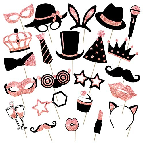 24 Stück Party Fotoautomat Requisiten Mischung Silvester Foto Booth Props Neujahr Weihnachten Party Zubehör von Hut Weinglas Lippenstift Krawatte Kronen für Geburtstag (Roségold)