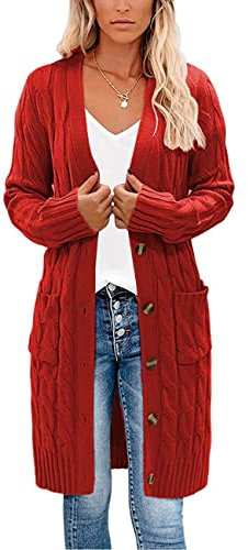 kinstell Ladies Long Sleeve Button Top Chunky Aran Cable Knitted Long Length Boyfriend Grandad Cardigan UK Red