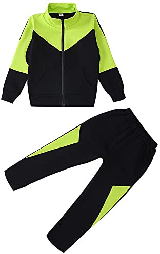 amropi Niña Chándales Traje Deportivo Chaqueta y Joggers Pantalones 2 Piezas Conjunto de Ropa Verde Negro,3-4 años