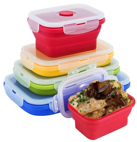 Kingmate Set 4 Pezzi di Contenitori Ermetici per Alimenti Pieghevoli in Silicone con Coperchio, senza BPA, Disponibili per Lavastoviglie, Frigorifero, Forno, Multicolore C