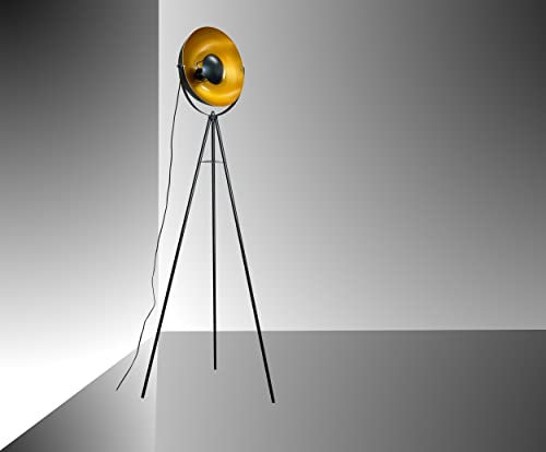 Trango 1523L Tripod Vintage Stehleuchte inkl. 1x 4 Watt E27 LED Leuchtmittel 3000K warmweiß & 180cm Zuleitungskabel - Lampenschirm Schwarz-Gold-Matt - H: 170cm - Stehlampe, Studiolampe, Studioleuchte