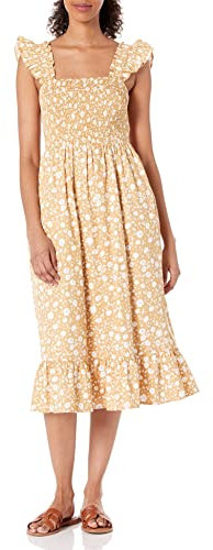 The Drop Kimi Ruffled Shoulder Smocked Midi Dress Kleider, Ingwer Floral, Medium