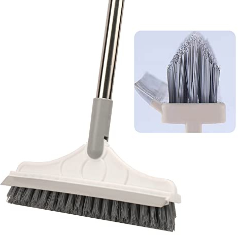 Fugenbürste Scrape 2 in 1 Bodenscheuerbürste mit langem Griff VForm Reinigungsbürste Steife Borsten Bürste Schrubber mit Rakel 120° drehbare Fliesenbürste für die Reinigung von Badezimmer Glas