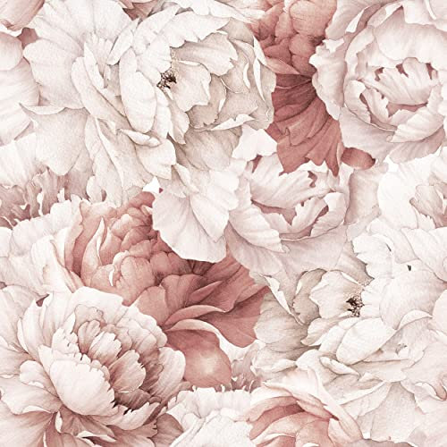 decomonkey Fototapete | Tapetenrolle 10 m Tapete Vliestapete Deko Panel Modern Design Wanddeko Wandtapete Wohnzimmer Schlafzimmer | Blumen Pflanzen Vlies Beige Rosa Pfingstrosen