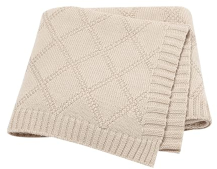 Hadetoto 100% Cotton Baby Blanket for Girls Boys - Beige | Soft Crochet Knit, Newborn Essentials Gifts, Lightweight, Nursery Bedding