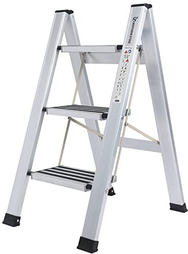 EPROSMIN 3-Step ladders Lightweight Folding Aluminum Alloy Step Stool with Anti-Slip Wide Tread for Household, Office, Painting, Decorating, Electricians, Silver