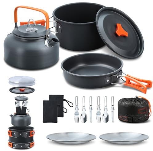 Lixada Camping Geschirr Set 16-teiliges Kochgeschirr Set mit Wasserkocher Campingtopf und Pfanne Teller Gabeln Messer Löffel für Outdoor Wandern Picknick BBQ 2-3 Personen