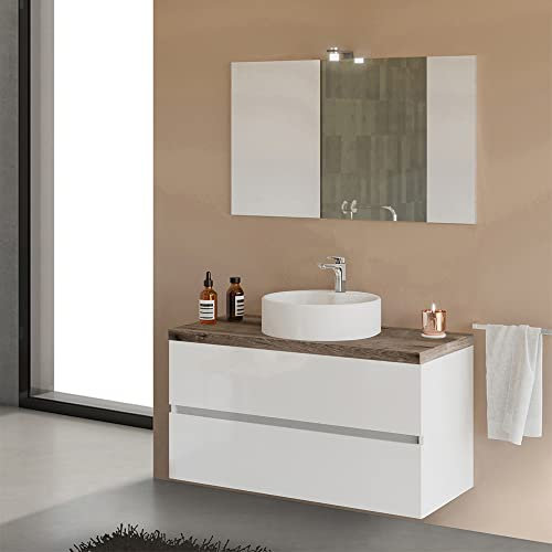 Mobile Bagno sospeso per lavabo d’appoggio, Completo di Top e Specchio con Lampada, Serie Town (Rovere fossile, 100 cm)