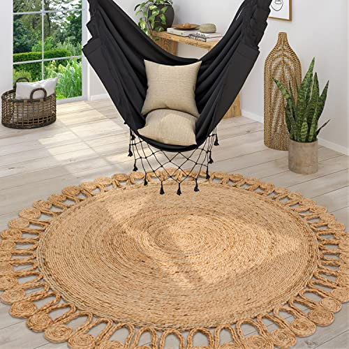 Paco Home Teppich Rund Wohnzimmer Jute Boho Ethno Muster Modern Handgefertigt Naturteppich, Grösse:160 cm Rund, Farbe:Natur 5