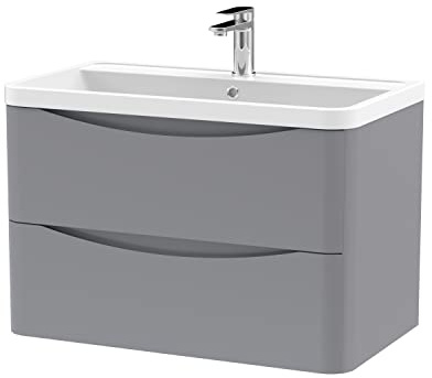 nuie LUN204 Lunar Modern Bathroom Wall Hung 2 Drawer Vanity Basin Unit & Polymarble Basin, 800mm, Satin Grey