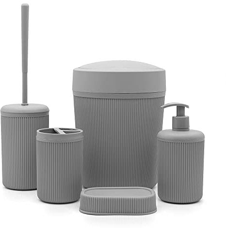 Set bagno accessori completo – 5 pezzi, kit accessori appoggio colorato grigio, include dispenser, portaspazzolini, portasapone, scopino wc e pattumiera 4,2 lt, linea Ring
