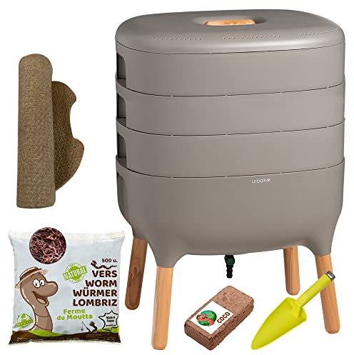 Moutta | Urbalive 3 Plateaux Gris Kit Complet I Lombricomposteur Design I 250gr de vers de Compost I Substrat de démarrage I Tapis de Chanvre + Pelle I Intérieur, Balcon et Jardin