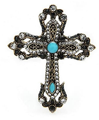 Brosche Kreuz Gold und Bronze mit Perlen und Kristall Strass, 6 x 4,5 cm, Edelstahl