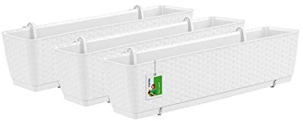 PAFEN 3X Blumenkasten Blumentopf 10L mit Halterungen - 585 x 145 x 155 mm - Rattan-Optik Pflanztopf Balkonkasten Pflanzkästen Befestigungshaken, Weiß