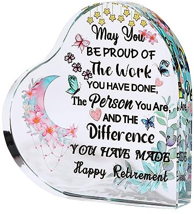 Ornalrist Regalos de jubilación para mujeres y hombres, placa colorida de corazón de cristal, regalos para profesores, compañeros de trabajo, adornos decorativos de recuerdo de jubilación feliz