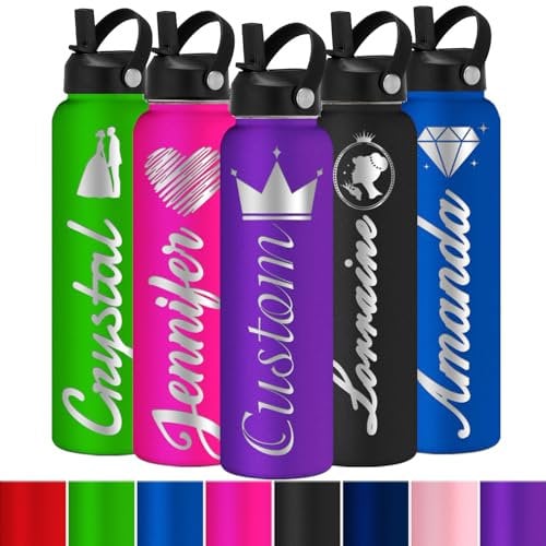 Personalised Water Bottle with Straw Customised Names Logo Insulated Bottle Engraved Stainless Steel Flask for Kid Girls Boys Women Men (24oz/32oz/48oz)