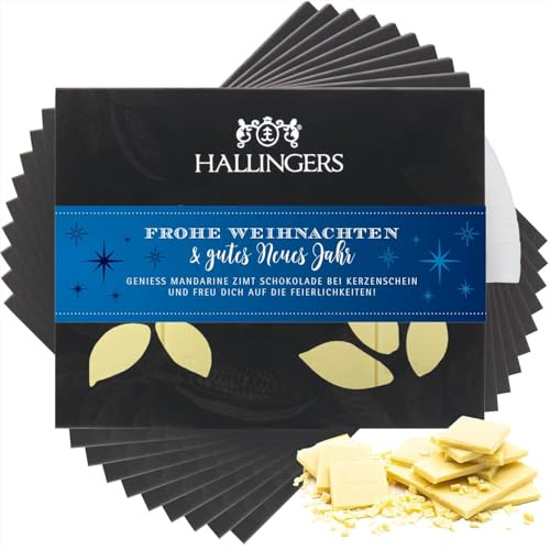 Hallingers Genuss Manufaktur Weiße Schokolade Weihnachts-Geschenk - Tafel handgeschöpfter Edelkakao ohne Alkohol edler Karton 10x Frohe Weihnacht... Mandarine-Zimt, Weihnachten für Frauen Männer