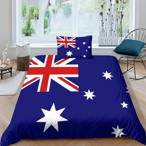 AAHARYA Australien Flaggege Bettwäsche-Set, Nationale Flaggege, Bettbezug + Kissenbezug, 3-teilig,weich, Bequem,100% Polyester,Geschenke Für Kinder Single（135x200cm）