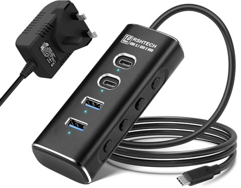 RSHTECH 10Gbps Powered USB C Hub, Aluminium 4-Port USB3.2 Splitter with 2 USB-A, 2 USB-C Data Ports and 2ft Extension Cable for Type-C/Thunderbolt Port Laptops