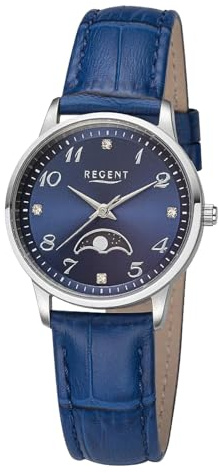 REGENT Damen Armbanduhr Analog Lederarmband blau UR2112552 Analoguhr