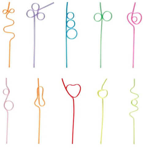 Rumyve 10Pcs Colorful Curly Straws,10 Different Shapes Fun Twists Straws,Reusable Plastic Varied Loop Straws Drink Beverage Decoration for Kids Adults Cocktails Juices Wine Decor