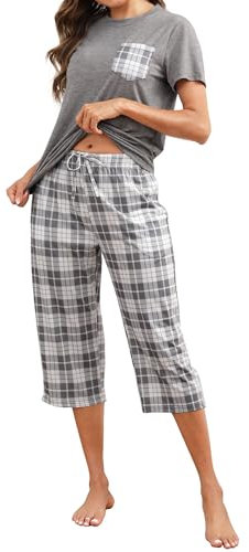 Mchodare Pyjama Femme en Coton pour l'Été Ensemble à Manches Courtes et 3/4 Pantalon avec Poches à Carreaux Vêtements d'intérieur 2 Pièces Confortables et Respirants